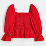 H&M smocked babydoll top long sleeve blouse square neck bell puff ruffles Photo 1