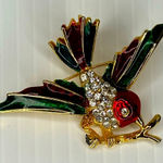Source Unknown Vintage Bird on Branch Brooch Enamel Green Red Gold Tone Rhinestone Signed Photo 0