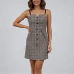 Plaid Button Front Mini Dress Sweetheart Neckline Adjustable Straps Pockets Brown Photo 2