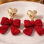 Gold Heart Stud Red Velvet Bow Dangle Earrings Coquette Valentine NWT Photo 0