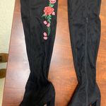 Size 7 Black Suede Over the Knee Floral Embroidered High Heeled Boots Photo 0