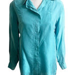 Partners Women’s Vintage 100% Silk Shirt Teal Long Sleeve Shoulder Pads Small Blue Photo 0