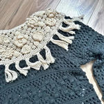 ZARA  | Knit Crochet Black Ecru Handcrafted Cropped Sweater Boho Top | Size Small Photo 3