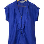 Reiss  Ruffled V-Neck Full Zipper Front Violet Blue Lightweight Blouse, Small Photo 0