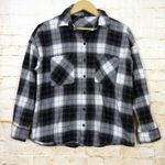 H&M  Divided Womens Sz XS Plaid Flannel Oversized Shirt Chest Pockets Black White Photo 0