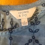 Crown & Ivy  Top Large Denim Blue Embroidered Eyelet Flutter Sleeve Photo 1