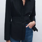 ZARA  Navy Blue Buckle Belt Button Down Shirt Blouse Photo 0