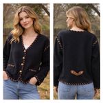 Vintage Lucia Black 100% Wool Cardigan Jacket Whipstitch Trim Button Front Cozy Size L Photo 2