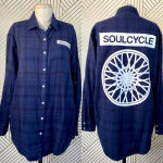 SoulCycle ‎ Blue Plaid Flannel Button Down Logo Top Photo 1