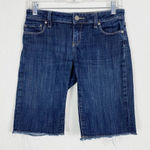 Paige  Dark Wash Raw Hem Low Rise Bermuda Shorts Photo 0