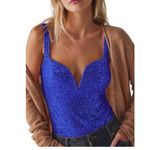 Sparkling Royal Blue Sequin V Neck Spaghetti Strap Bodysuit Women's Photo 1