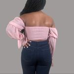 NWT Parisian Off Shoulder Ruched Sheer Top Womens 10 Black Romantic Coquette Pink Photo 3