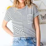 NEW White & Black Mixed Stripes Crewneck Short Sleeve Tee with Chest Pocket M Size M Photo 1