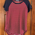 ADREAMLY Blouse Women’s Small Burgundy Red Striped Short Sleeve Stretchy NWT Blue Photo 0