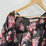 Reverse  Sweater Women SMALL Black Pink Floral Sheer Open Front Duster Kimono Photo 3