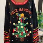 Ugly Christmas Sweater Feliz Navidad Mexican Tree Sombrero Chili Peppers 2X Green Size XXL Photo 0