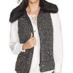 White House | Black Market Vest Tweed Removable Faux Fur Collar Black White L Photo 0