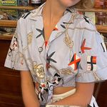 ZARA  nautical tie front top cropped short sleeve coastal anchor sailor blouse Photo 4