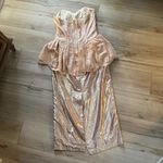 Vintage 80s pink metallic lace peplum strapless dress wedding party glam Photo 3