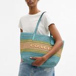 Coach NWT  Straw and smooth leather City Tote Bag CBG87 Turquoise Blue Photo 7