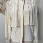 Vtg 80s Jacques Vert Cream High Neck Ruffle Pearl Beaded Embroidered Blouse 12 White Photo 0