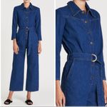 Anthropologie New M.i.h Jeans Harper All In One Denim Jumpsuit Wide Leg Crop Belted Collared Photo 2