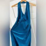 ASOS  Design Blue Teal Satin Halter Neck Maxi Dress Gown Slit Ruching Size 4 Photo 2