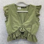 Fancyinn  Women's Blouse Cropped V Neck Solid Green Pleated Hem Size Medium Photo 0