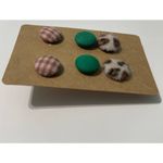None Fabric Covered Button Earring Stud Set Green Brown‎ Photo 1