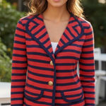 CAbi  Sz M Striped Blazer Yacht Club Red Blue Gold Buttons Sweater V Neck Jacket Photo 0