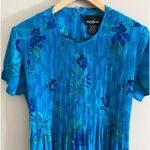 Vintage 90s Blue Floral Pleated Midi Dress Rayon Garden Party Cottagecore M Photo 6