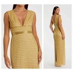 Mac Duggal NWT  Gold Beaded Cap Sleeve V Neck 5625 Column Gown Photo 1