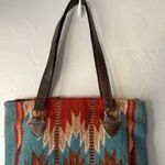 Southwestern Blanket Aztec Western Tribal Wool Leather Tote Bag Shoulder Bag Blue Photo 1