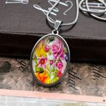 Handmade Vibrant Floral Cabochon Pendant Necklace – Stainless Steel Chain Photo 0