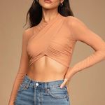 Lulus Season of Sultry Peach Mesh Cross-Front Long Sleeve Crop Top Photo 0