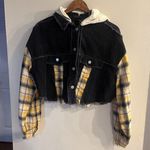 Dance & Marvel  Women's Mixed Media Corduroy Plaid Hooded Cropped Jacket Size M Photo 0