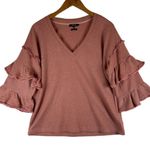 Miss Me  Women's Medium Pink Ruffle Sleeve V-Neck Top Blouse Casual Photo 0