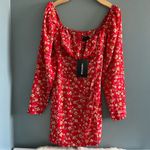 Pretty Little Thing Red Ditsy Floral Bow Mini Dress Photo 2