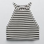 ZARA Ribbed Minimalist Halter Black & White Striped Tank Top Photo 2