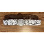 Coldwater Creek White Leather BELT Large Gold Tone Buckle X1 / XL Scroll 48” Photo 4
