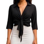 ZARA Women's Black Long Sleeve Ribbed Knit Textured Tie Front Shirt Top Size S Photo 0