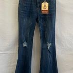 Pink Label Retro Inspired Jeans Juniors Size 7 Distressed Flare Raw Hem Festival Blue Photo 0