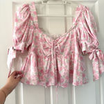 WAYF Terry Top Floral Print Puff Sleeve Peplum Top in Pink Mini Roses Photo 0