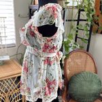 Vintage Y2K Blue Sketch Sheer Floral Lace Trim Back Tie Blouse Top Size L Photo 1