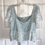 American Eagle  sage green floral eyelet lace ruffled smocked crop top blouse XL Photo 0