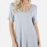 Zenana Premium dusty blue loose caged criss cross short sleeve top Photo 0