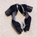 Japanese En Punto Black Shimmery White Pearl Bow Glittery Low Heels Pumps Heels Size undefined Photo 2