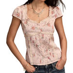 Lucky Brand  Babydoll Short Sleeve Silky Satin Blouse Top Floral Womens L NWT Photo 0