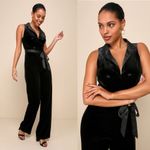 Lulus New  Posh Flair Black Velvet Satin Collared Surplice Jumpsuit Size Medium Photo 16