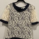 Anthropologie COMME TOI Beige Navy Blue Bows Short Sleeve Blouse Photo 0